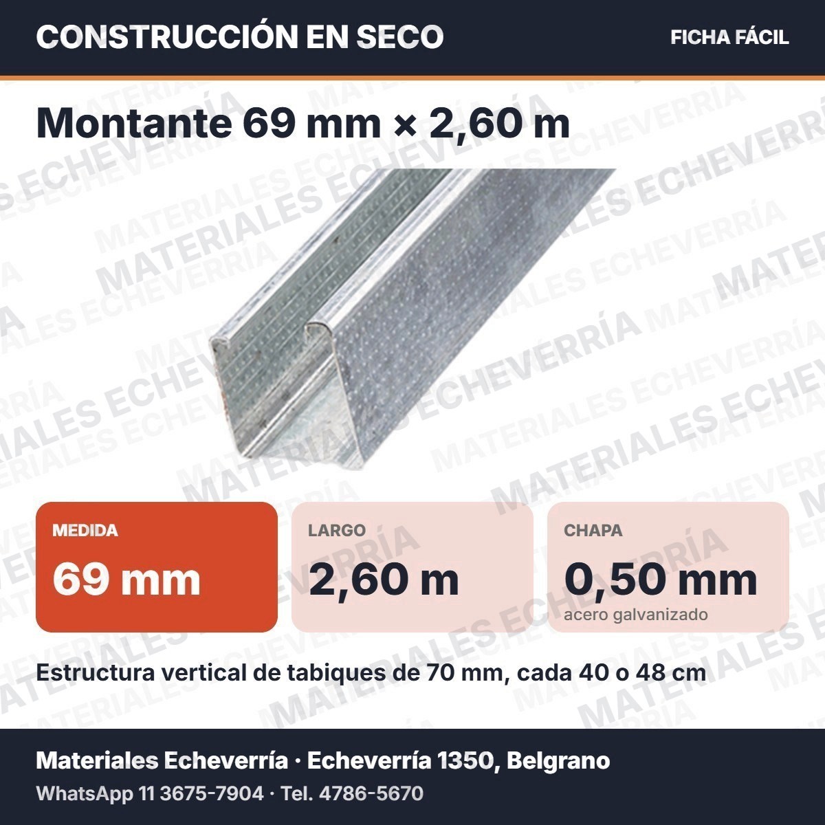 Ficha fácil: Montante 69 mm × 2,60 m, medida, largo y para qué se usa