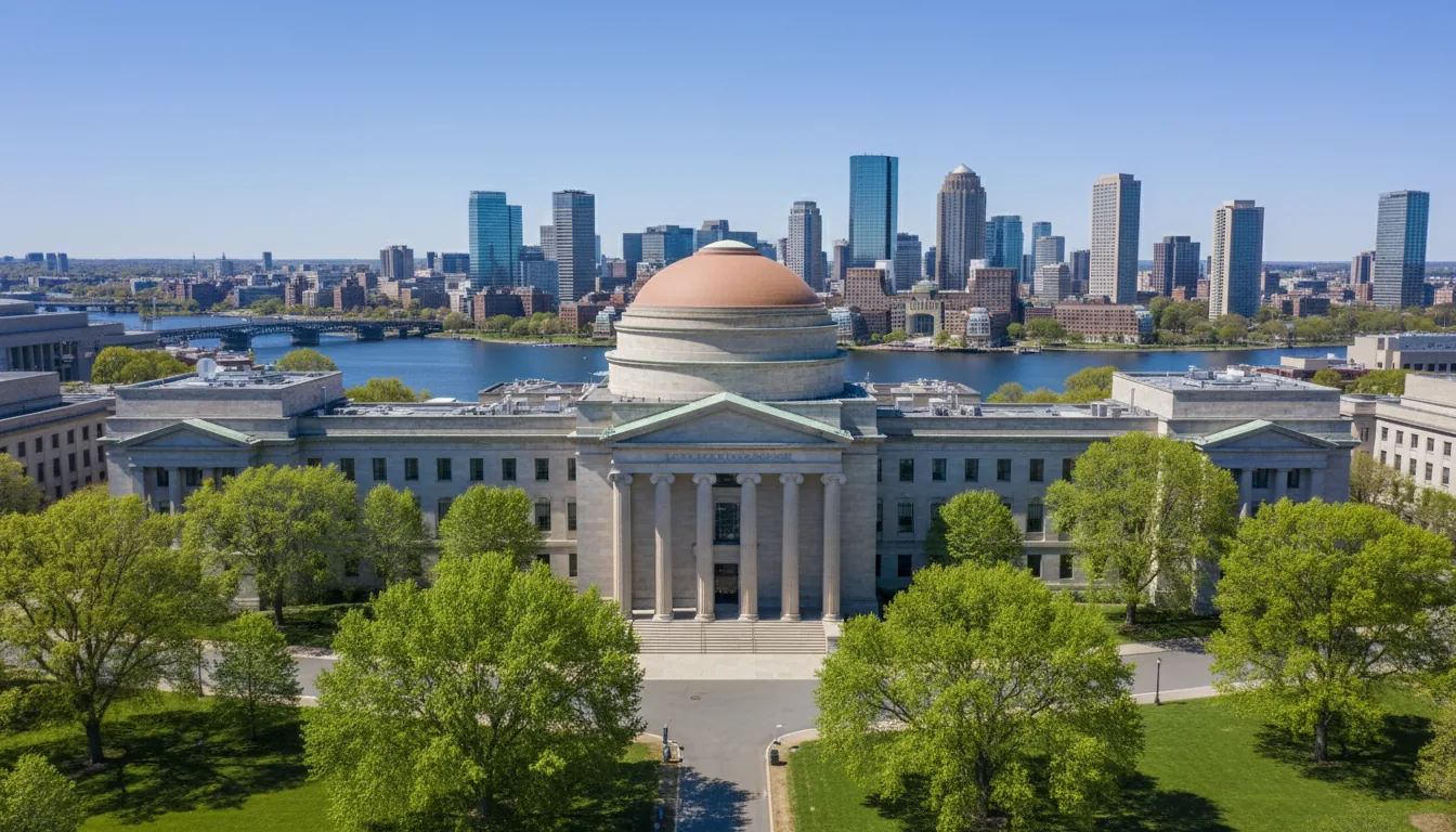 Wide-angle drone shot of the Massachusetts Institute of Technology (MIT) campus, focusing on the iconic Great Dome and the grand neoclassical facade with large stone columns. The scene is captured in bright, natural daylight under a clear blue sky. Lush, vibrant green spring trees frame the foreground. In the background, the Boston city skyline is visible across a river. DSLR photography with a deep depth of field, resulting in sharp focus and high detail on both the historical stone architecture and the distant modern skyscrapers.