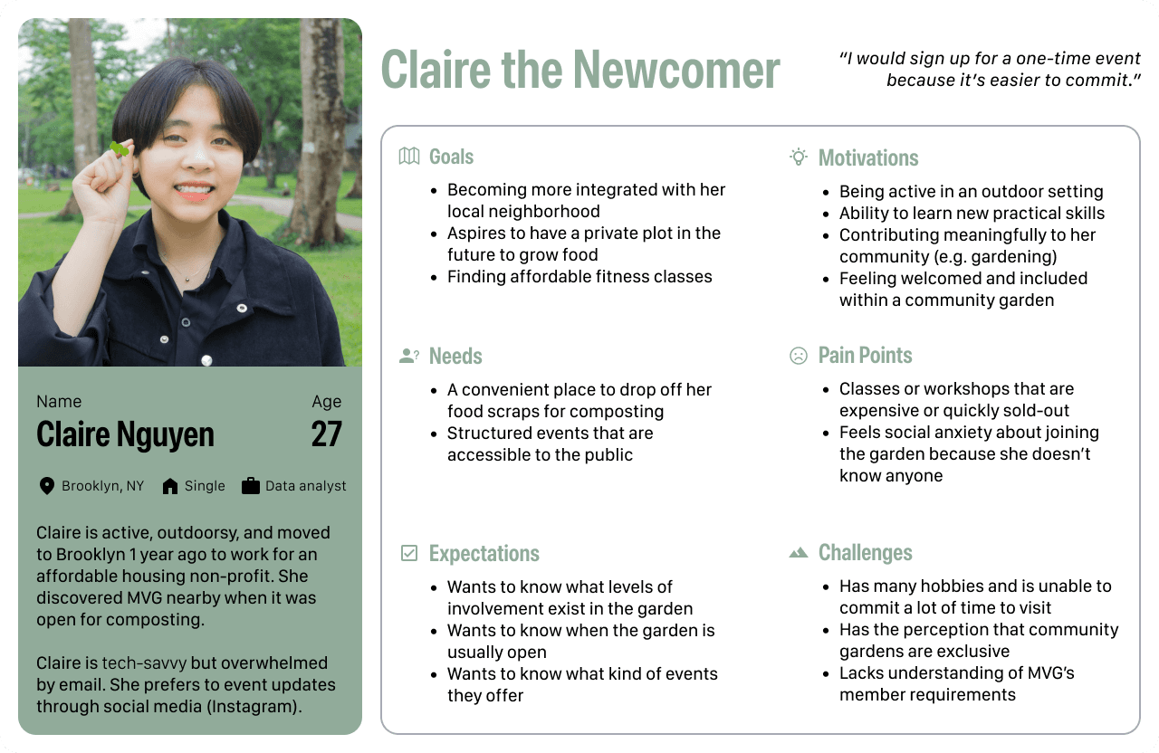 User persona: Claire, a natura enthusiast interested in outdoor events, and seeking flexibility in participation in a community garden without a long-term commitment. 