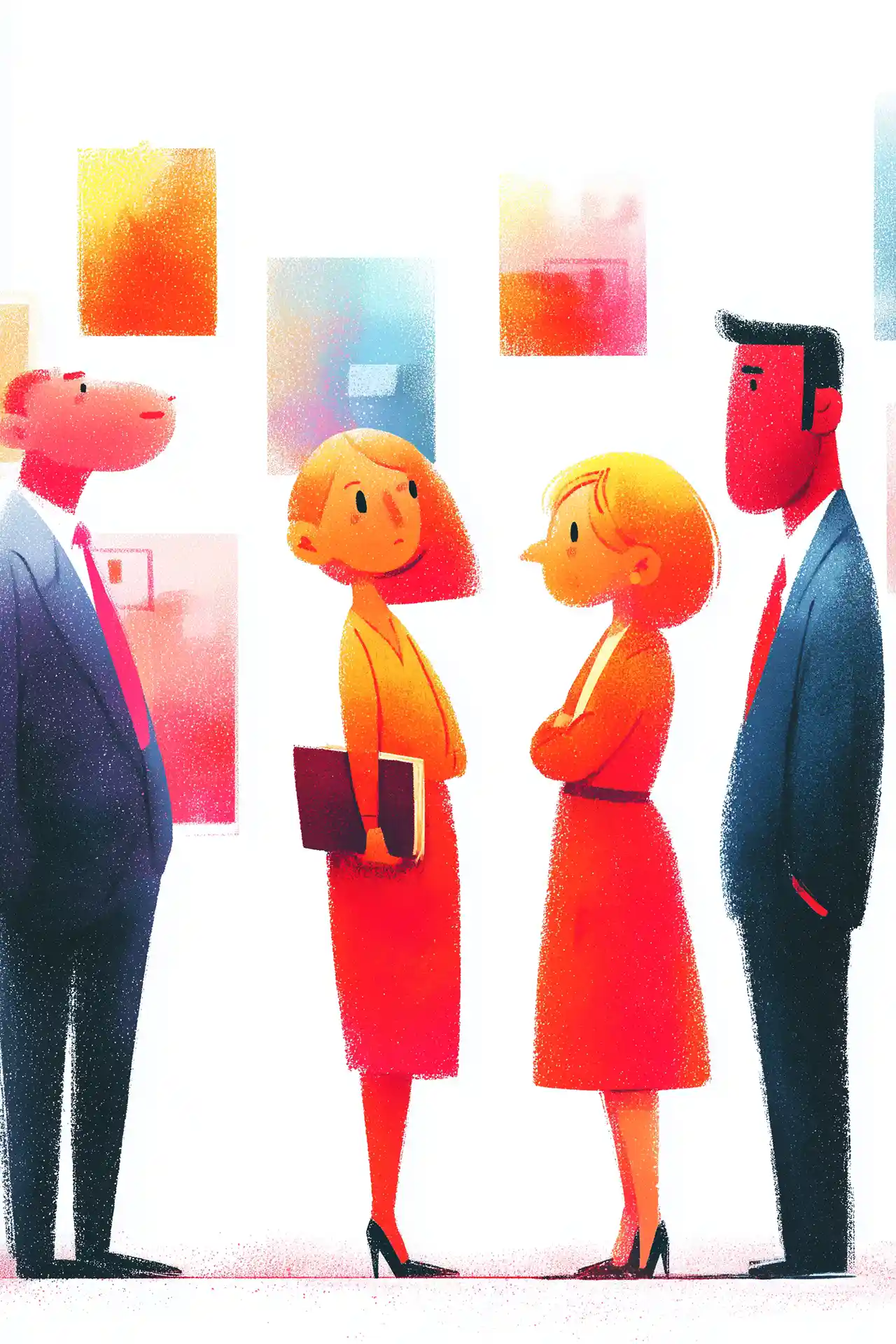 Textured editorial illustration of four professional figures in a corporate setting, two in dark suits flanking two women in warm orange tones, rendered with a tense, evaluative energy against abstract color blocks.