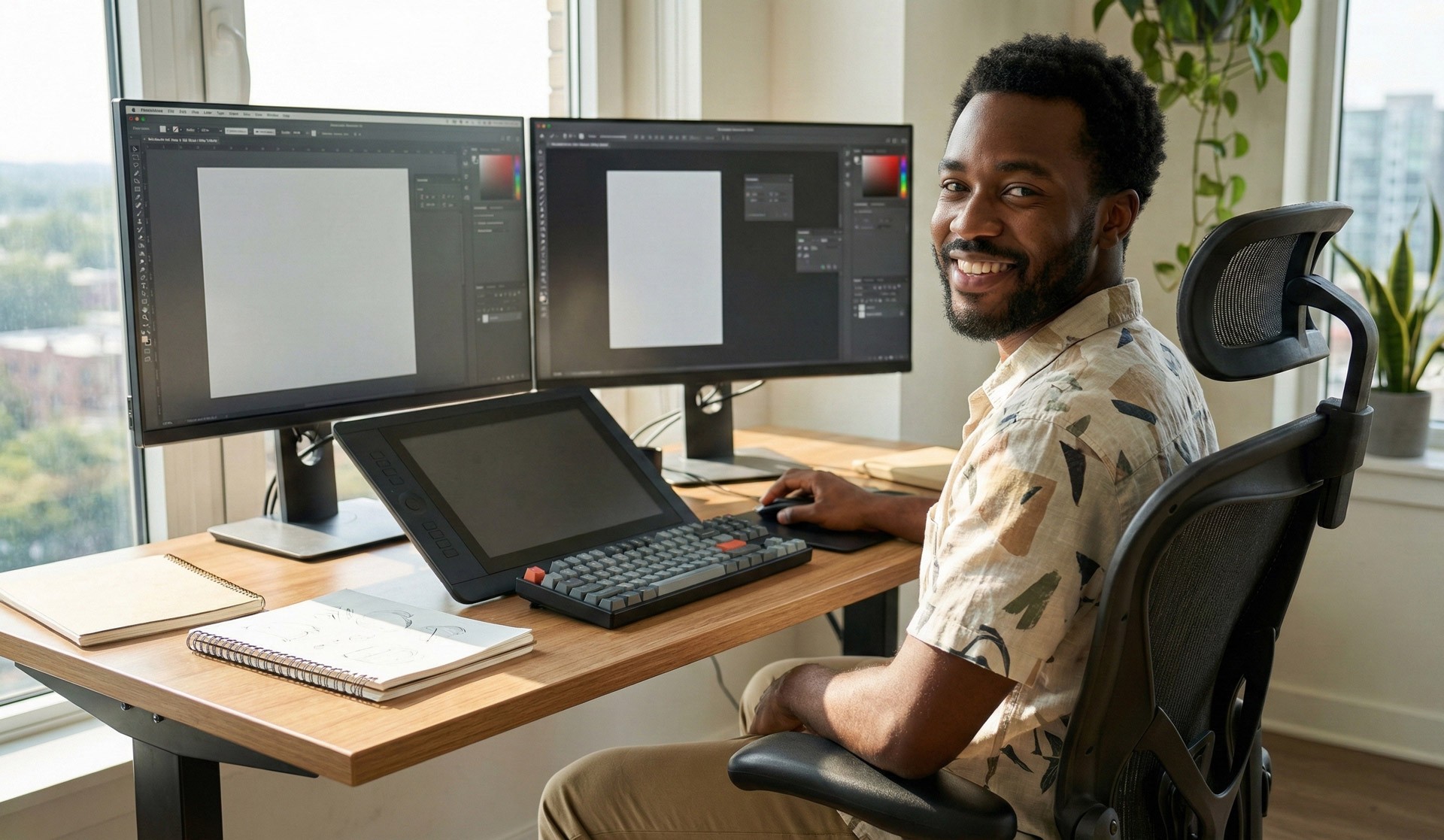 Smiling graphic designer working at dual monitor setup in modern office.