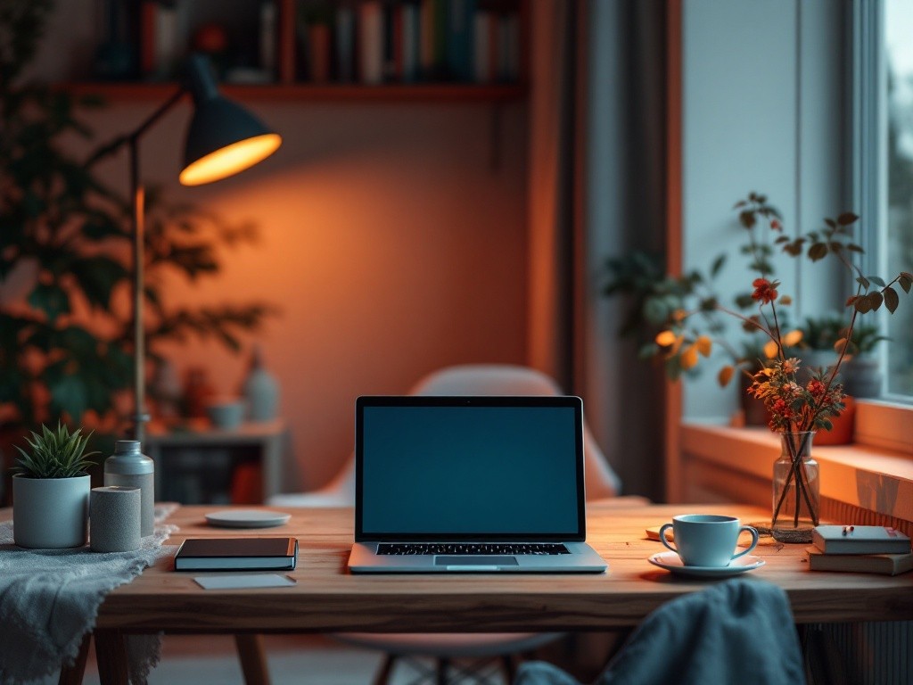 A laptop computer on a wooden table with a cup of coffee and a book