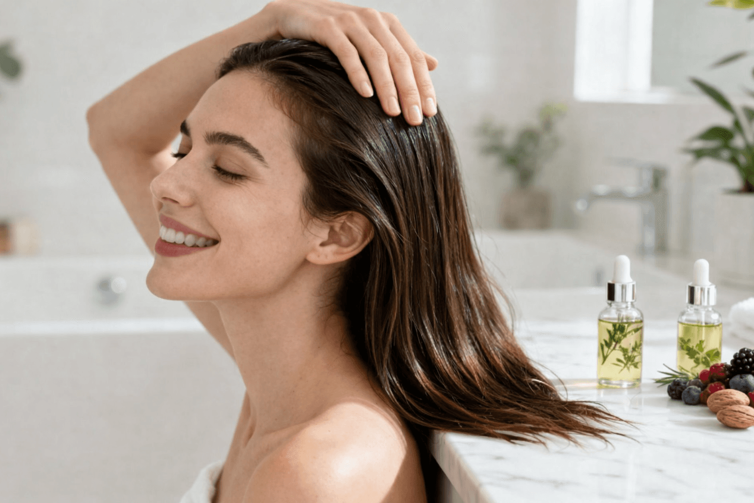 woman with hair on counter and natural products 