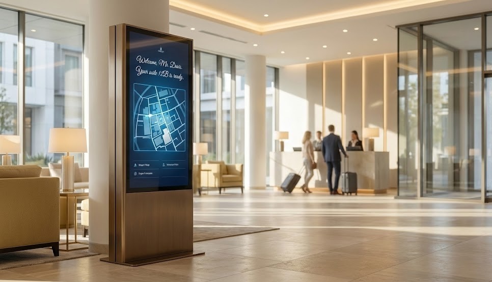 Totem digital vertical num lobby de hotel de luxo, exibindo uma mensagem de boas-vindas personalizada a "Ms. Davis" e um mapa interativo. Hóspedes e staff estão no balcão de receção ao fundo.