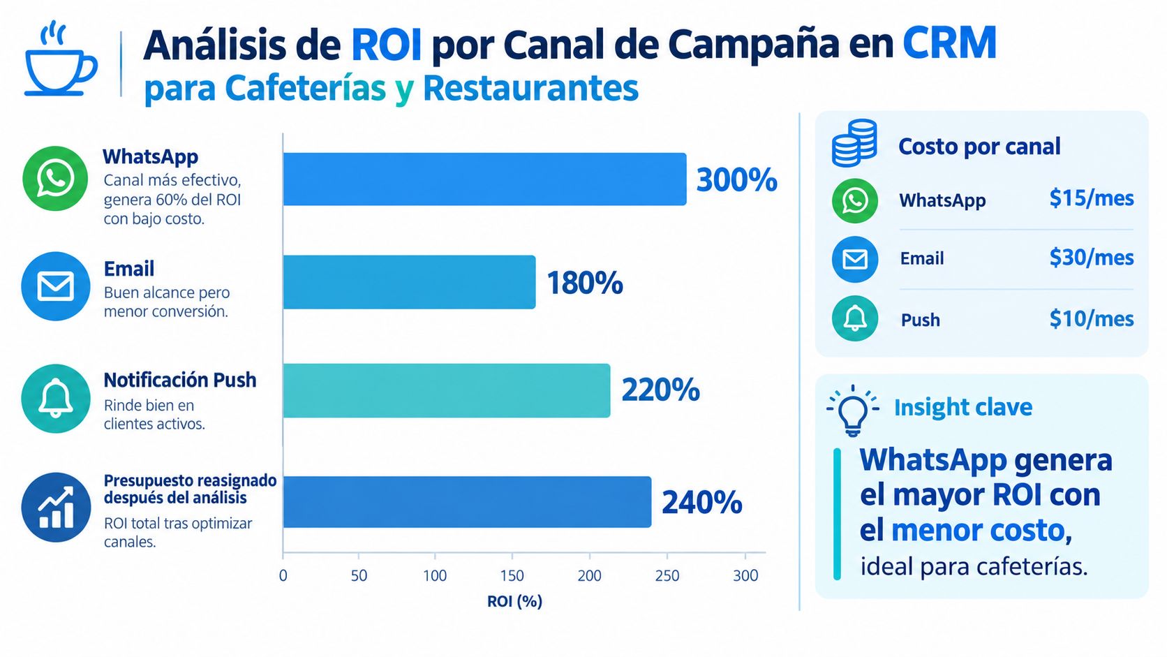 Infografía sobre análisis de retorno de inversión de canales de marketing para cafeterías y restaurantes.
