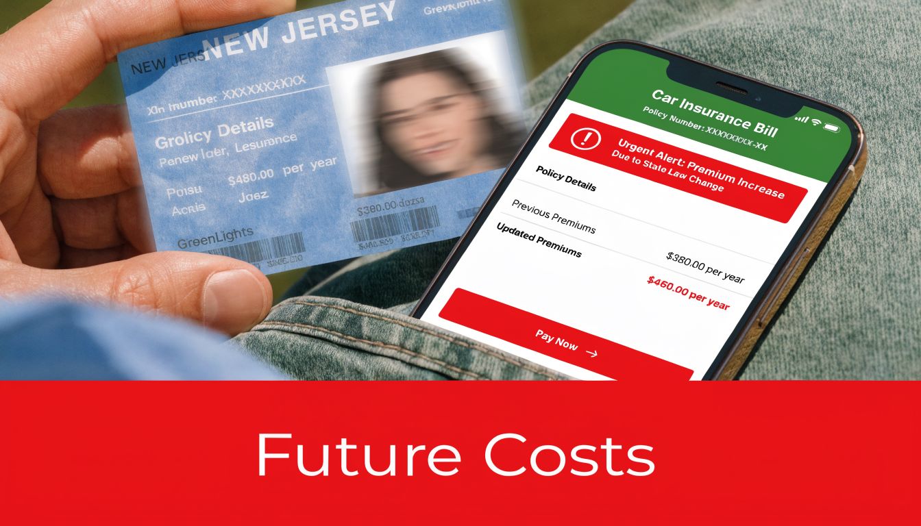 A person holding a New Jersey identification card near a smartphone displaying a car insurance bill notice.