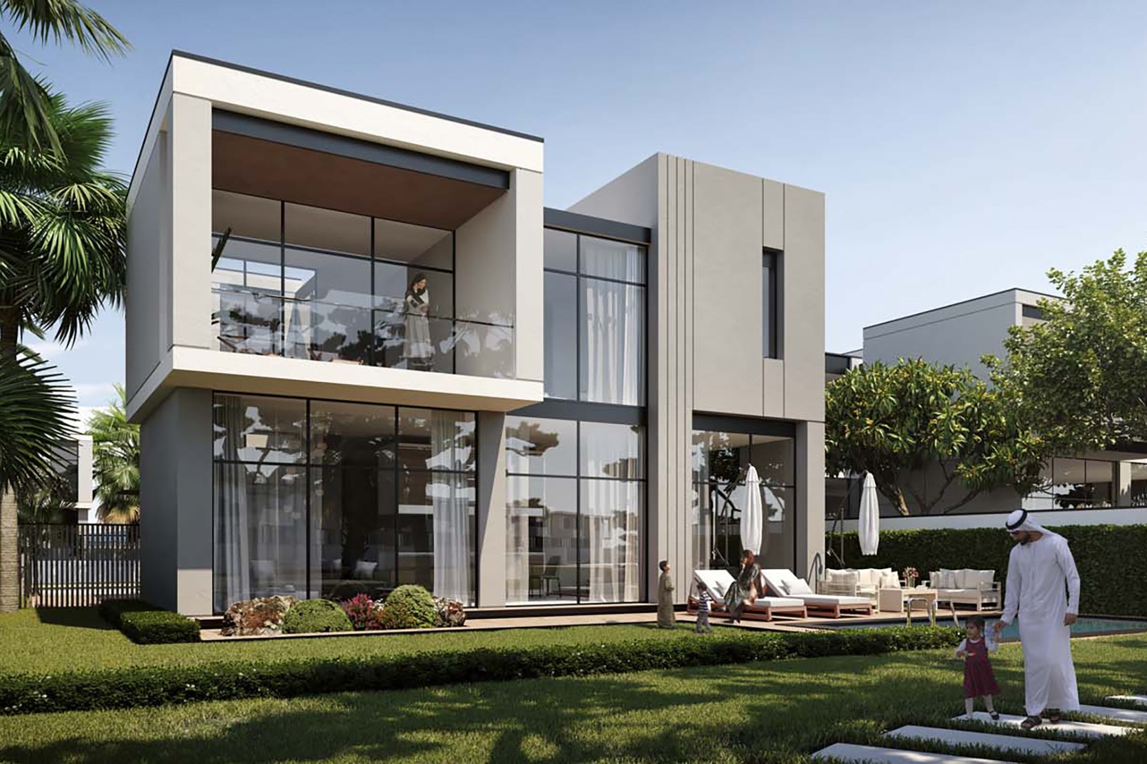 Illustration of a contemporary house in Murooj Al Furjan, with a car parked in the driveway.