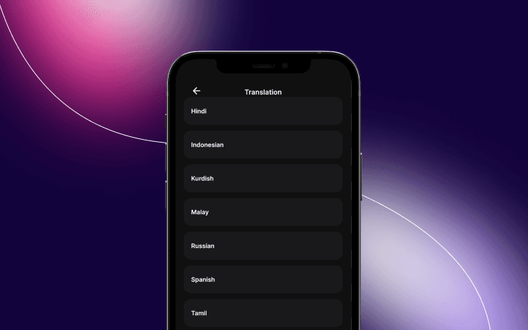 Quranly app's language selection interface offering Quran translations in 18 different languages, including Hindi, Indonesian, and Spanish.