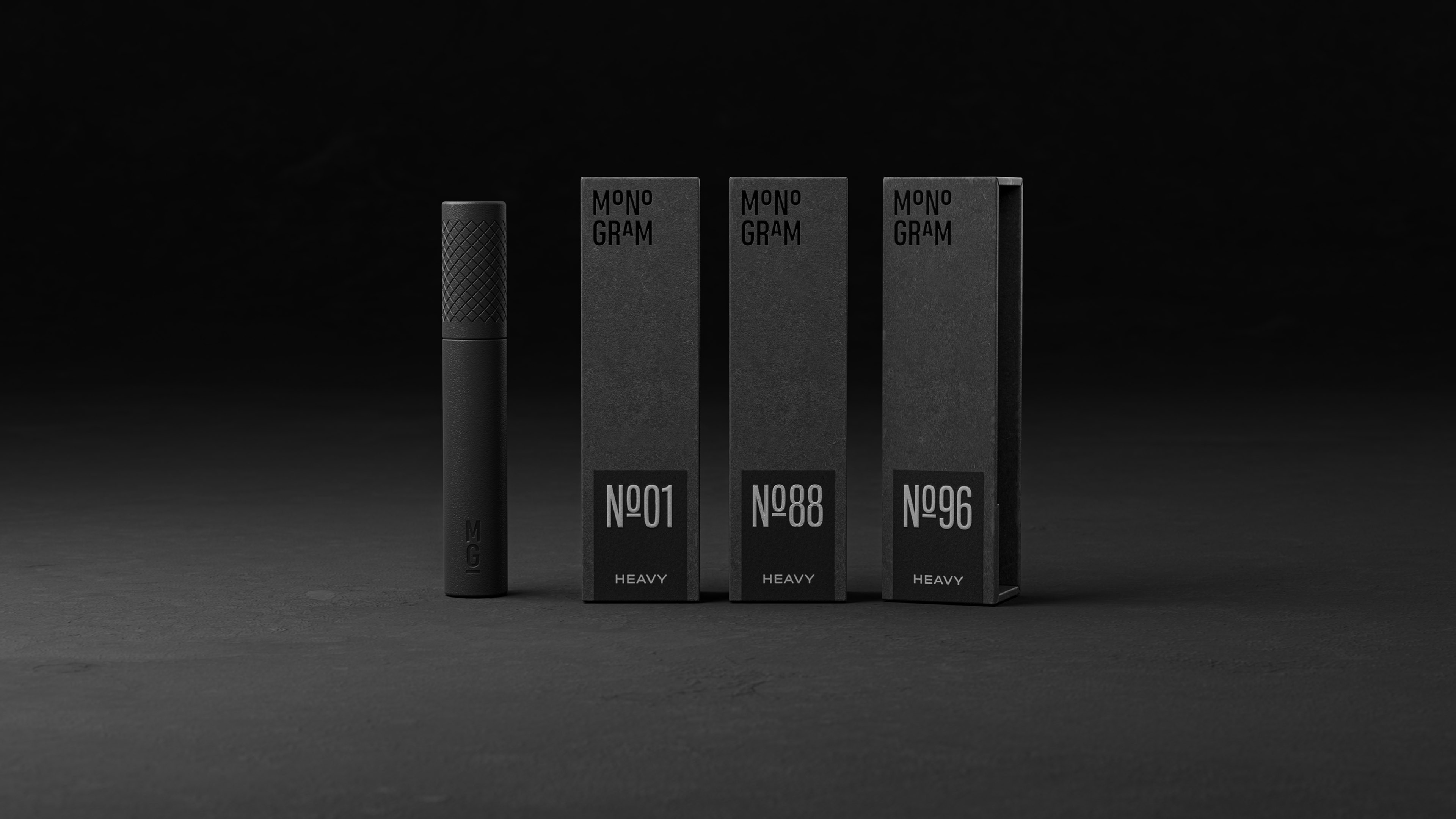 3D render showing the Monogram 0G product tube alongside three packaging variants