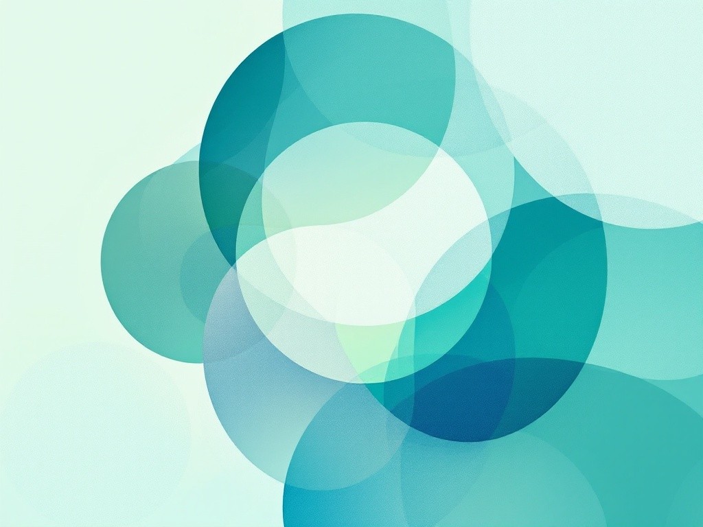 Abstract overlapping circles in shades of teal and light green create a visually appealing design against a soft, light-teal backdrop.