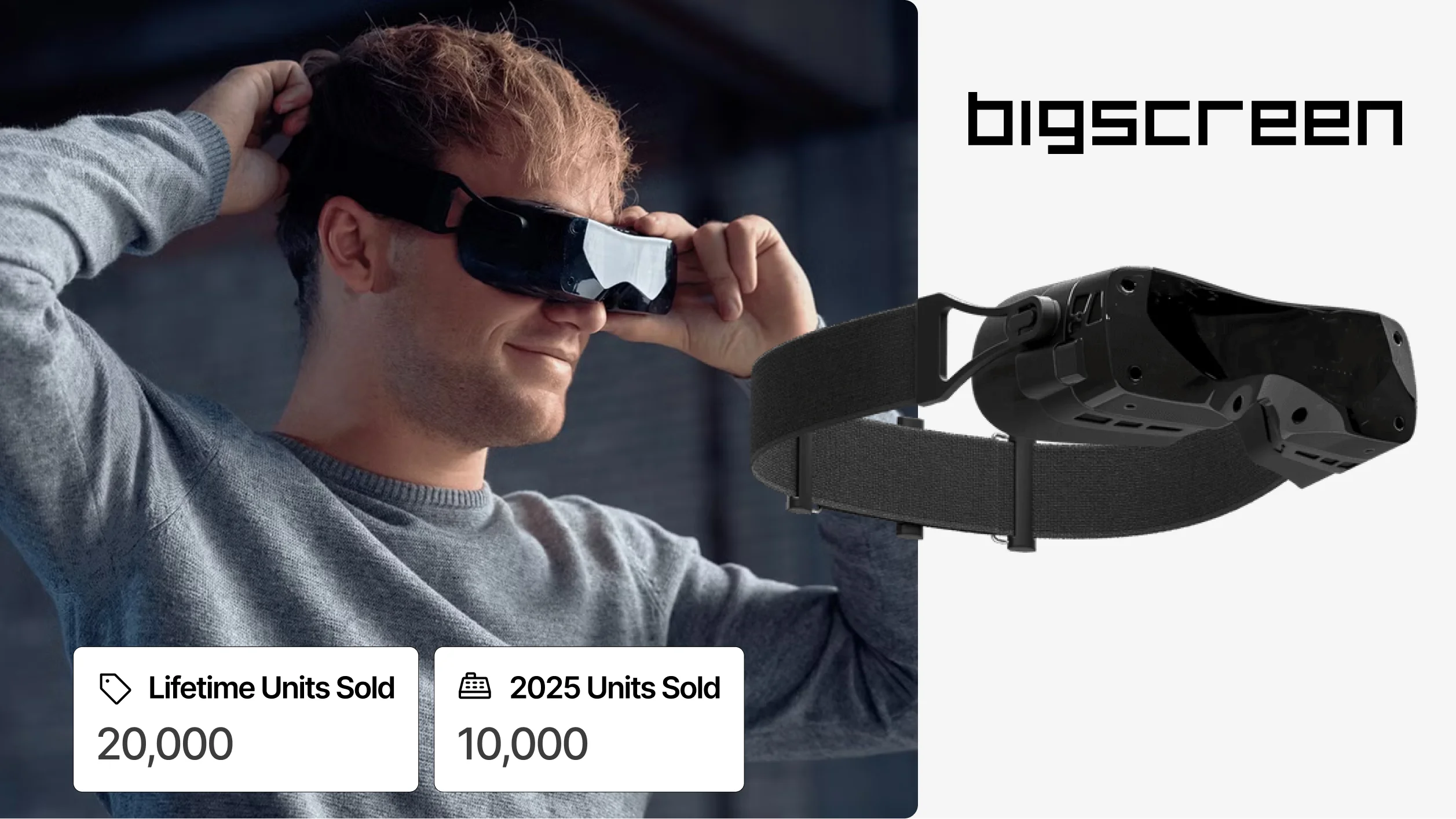 Bigscreen Beyond lightweight PC VR headset with statistics on units sold and headset specifications.