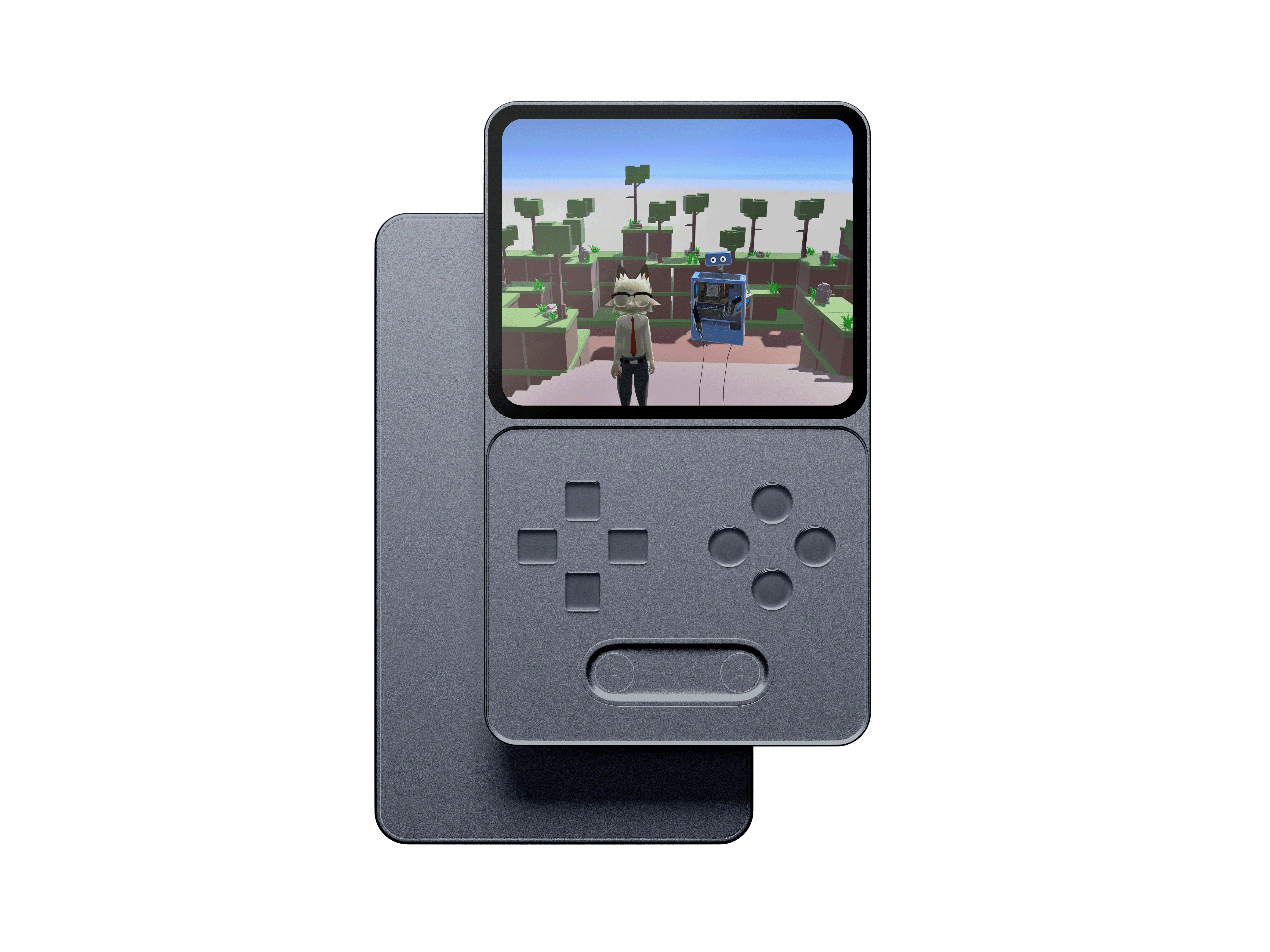 Handheld gaming device showing a three-dimensional virtual world with two characters featured prominently in the foreground.