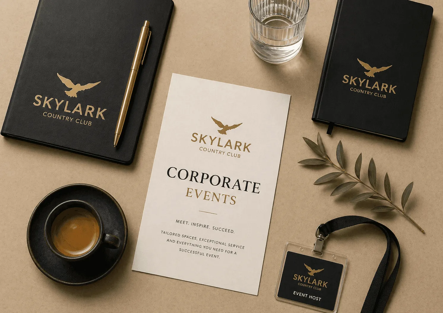 The Heron Country Club marketing: notebook,  pen,  event brochure,  coffee,  water,  name tag,  eucalyptus