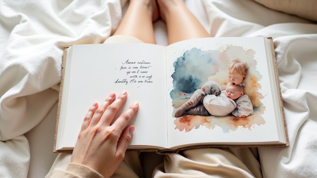 A person's hands hold an open photo album with a watercolor image of two sleeping babies.