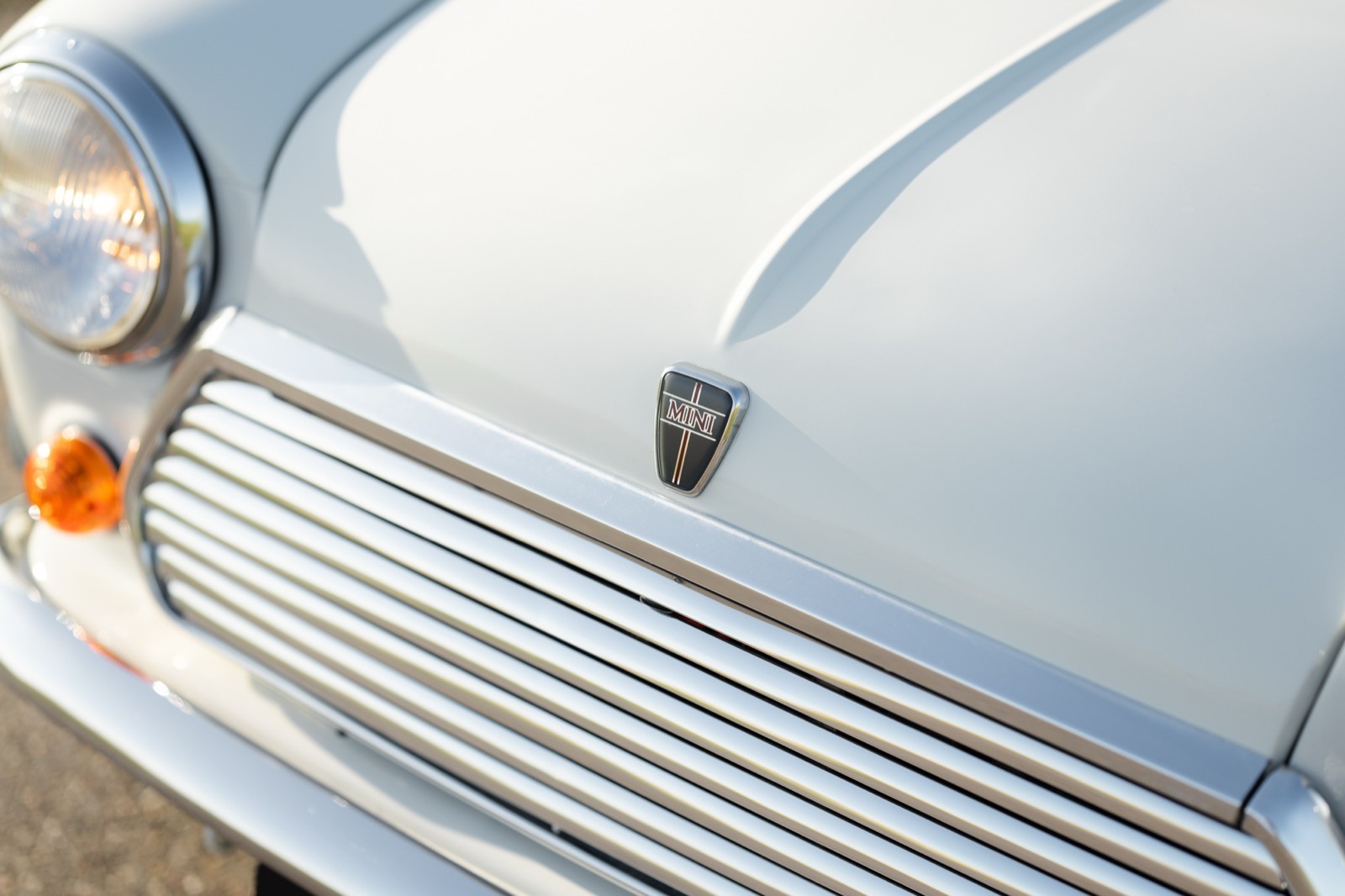 Close-up of a classic car's front grille and hood, showcasing design details and chrome accents.