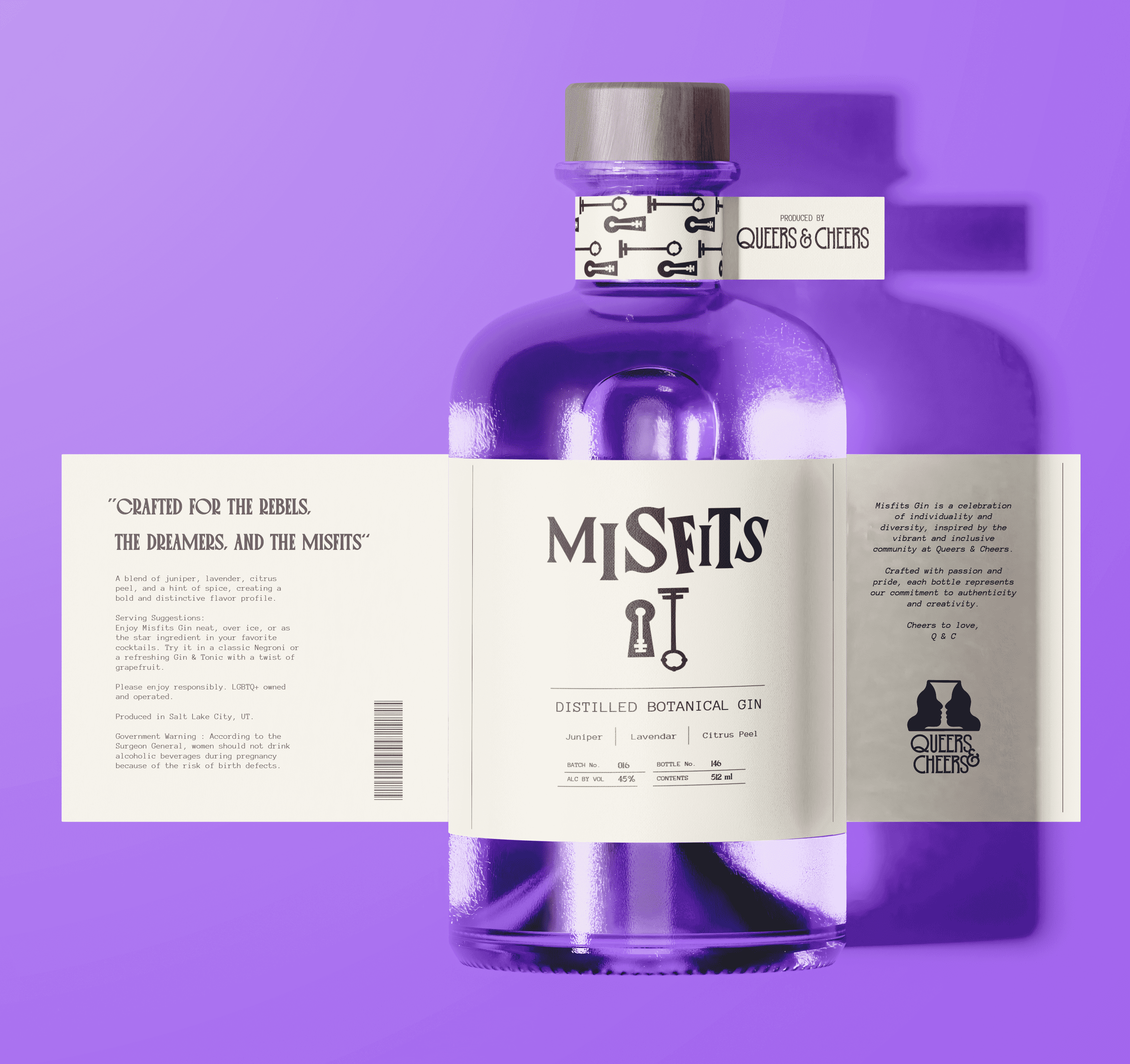 Purple gin bottle with "Misfits" label on purple background.