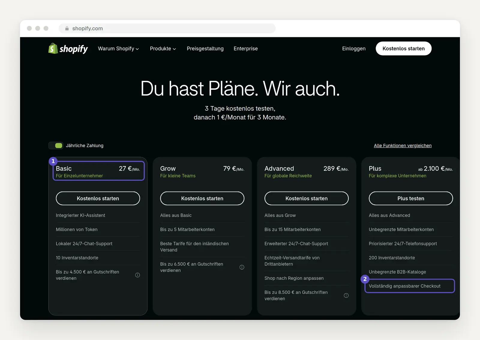 Shopify-Preisseite für Deutschland am 1. Oktober 2026 mit dem Tarif Basic für 27 Euro im Monat bei jährlicher Zahlung und dem Hinweis auf den vollständig anpassbaren Checkout, der nur im Tarif Plus enthalten ist.
