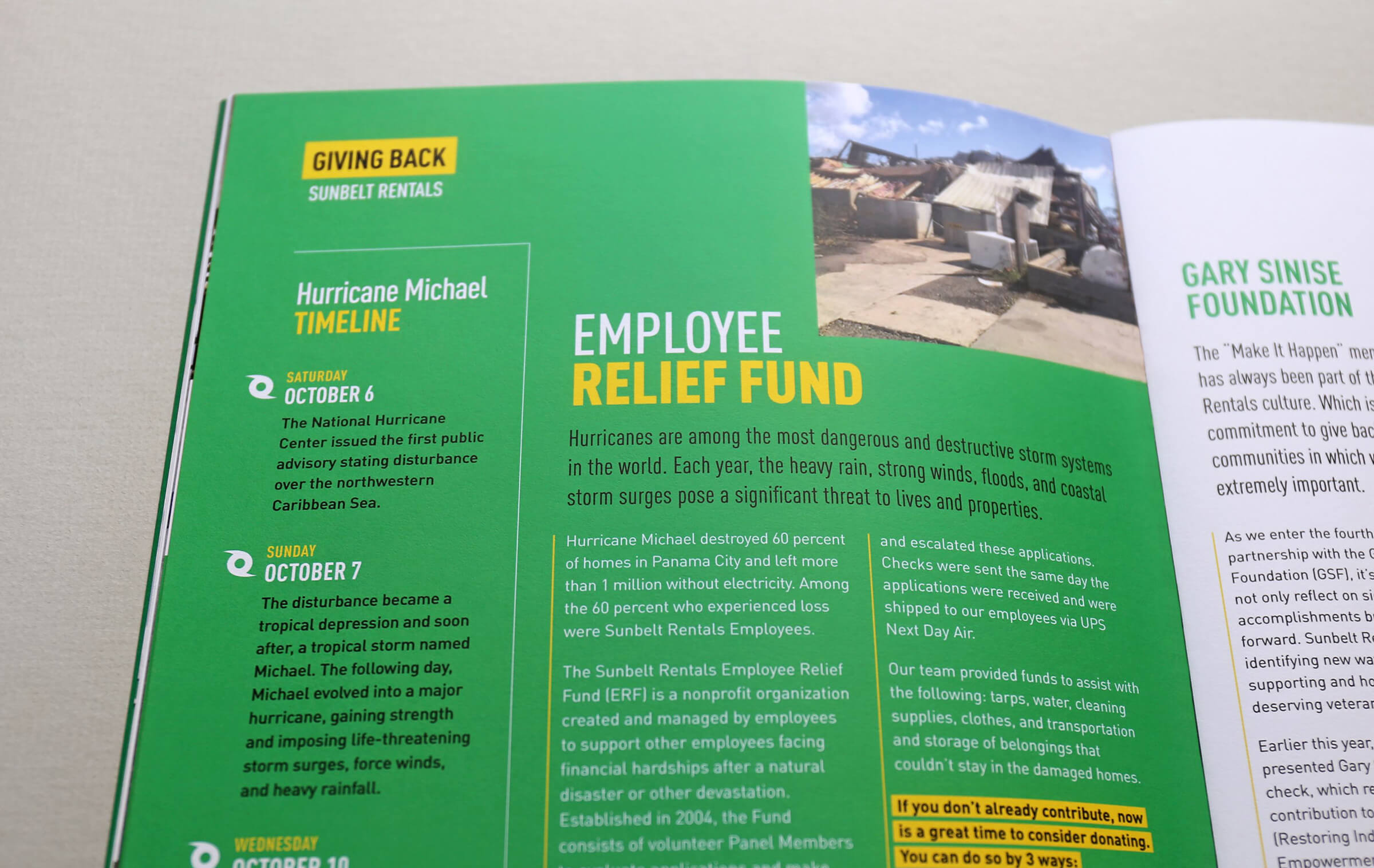 Layout of the employee relief fund, using a bright green background and bold white and yellow typography.