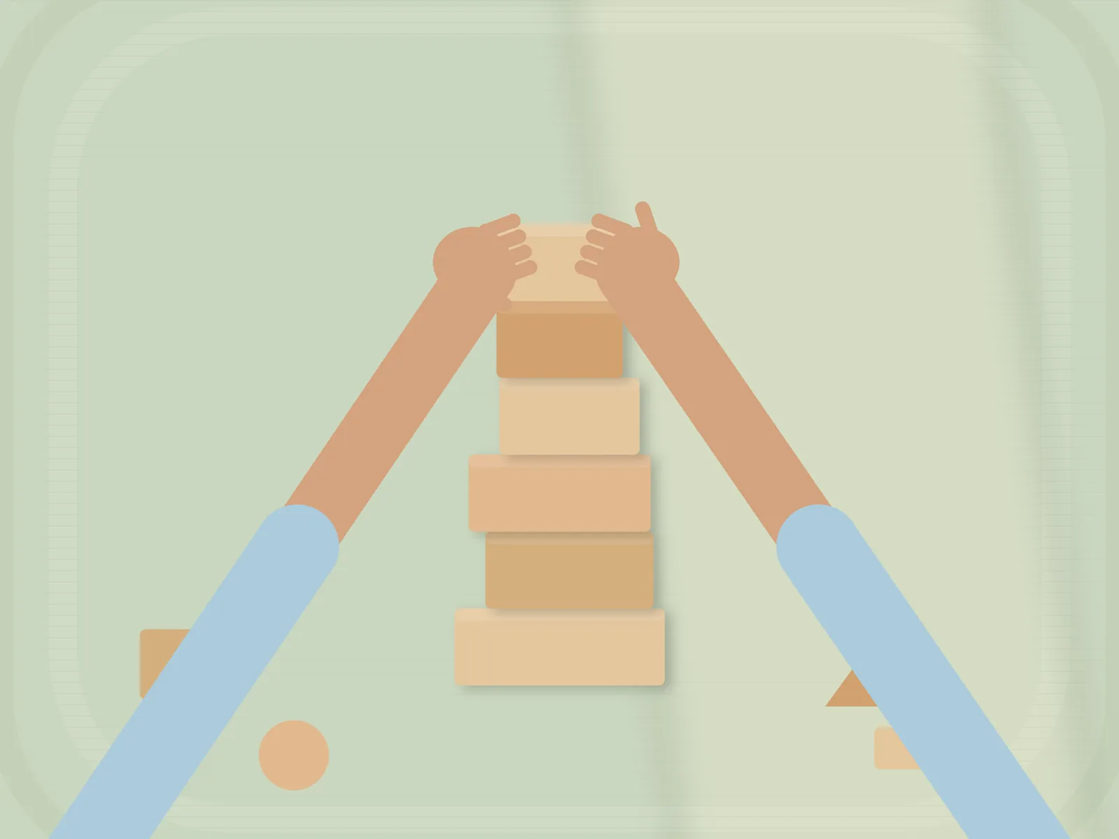 Child stacking wooden blocks on a classroom rug