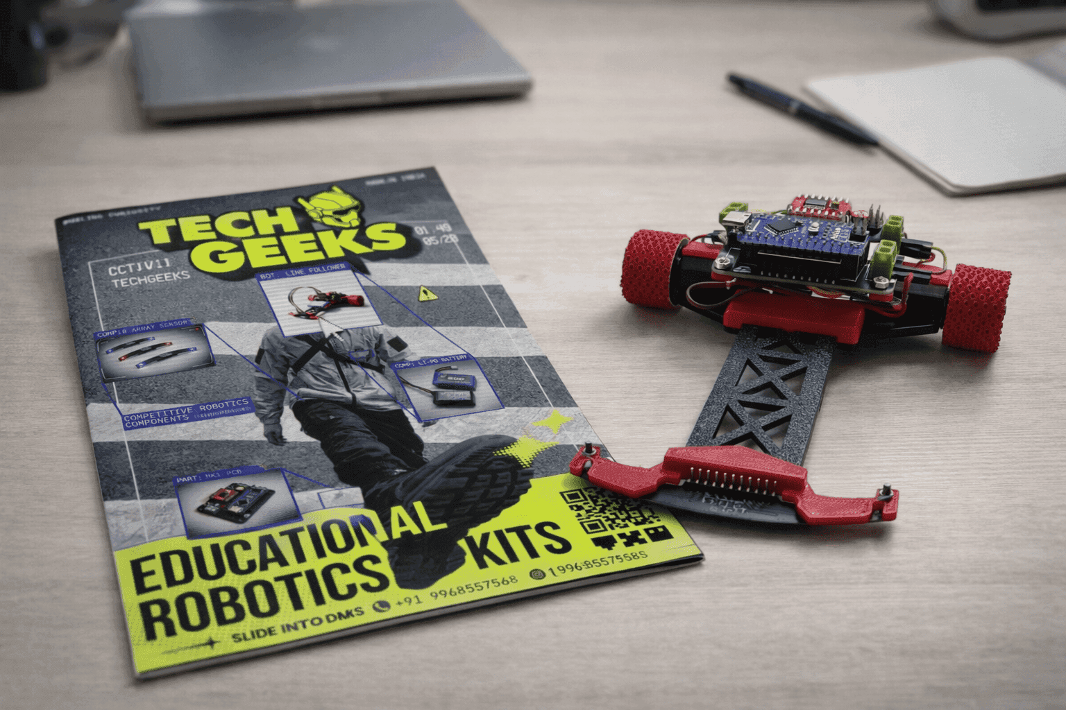 Mark 1 LFR with TechGeeks poster – competition-ready line follower robot India