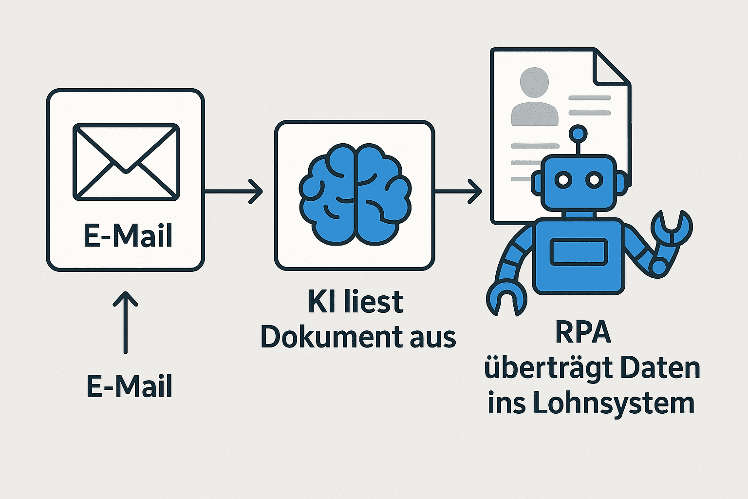 Vektorgrafik eines HR-Prozesses: E-Mail-Eingang, KI liest Dokumente aus, RPA überträgt Daten ins Lohnsystem – dargestellt als klarer Automatisierungs-Workflow.