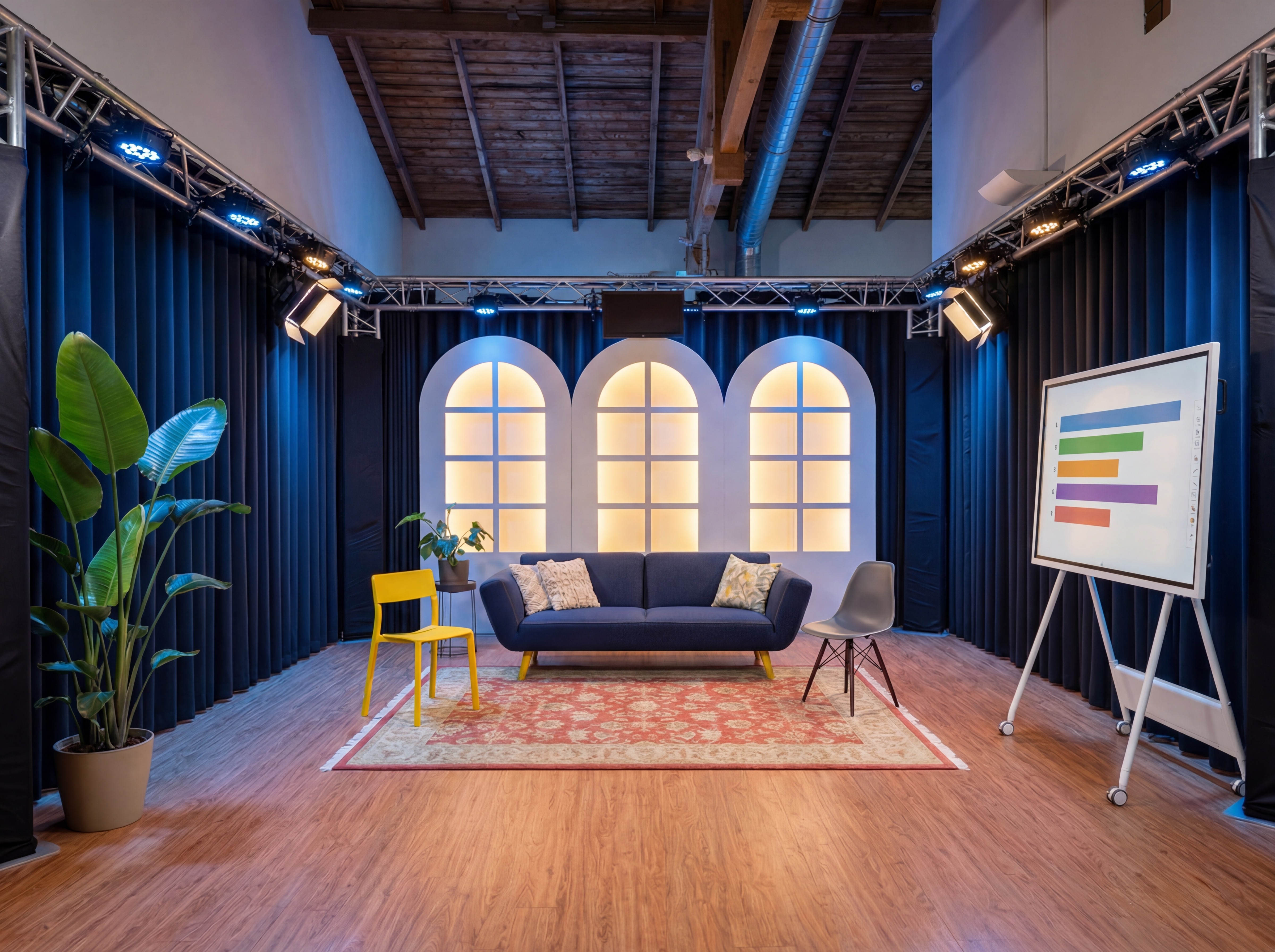 De studio in ons pakhuis aan de Bergsingel, met houten balken en boogramen