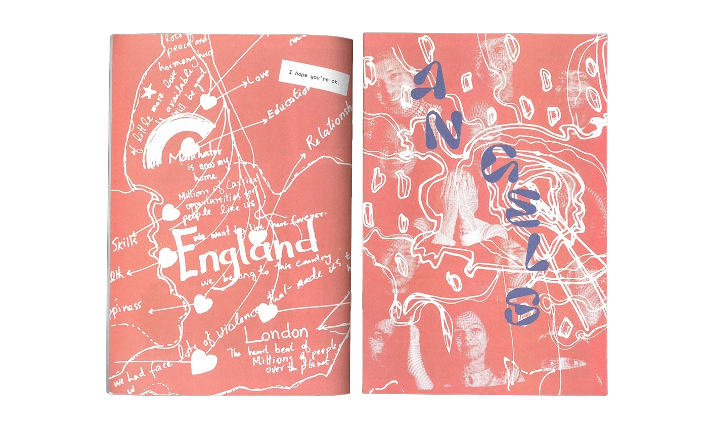 Illustration stylisée montrant des mains qui se rejoignent et s'entraident, accompagnée du titre "Angels" et d'un texte de présentation sur un fond bleu et orange.