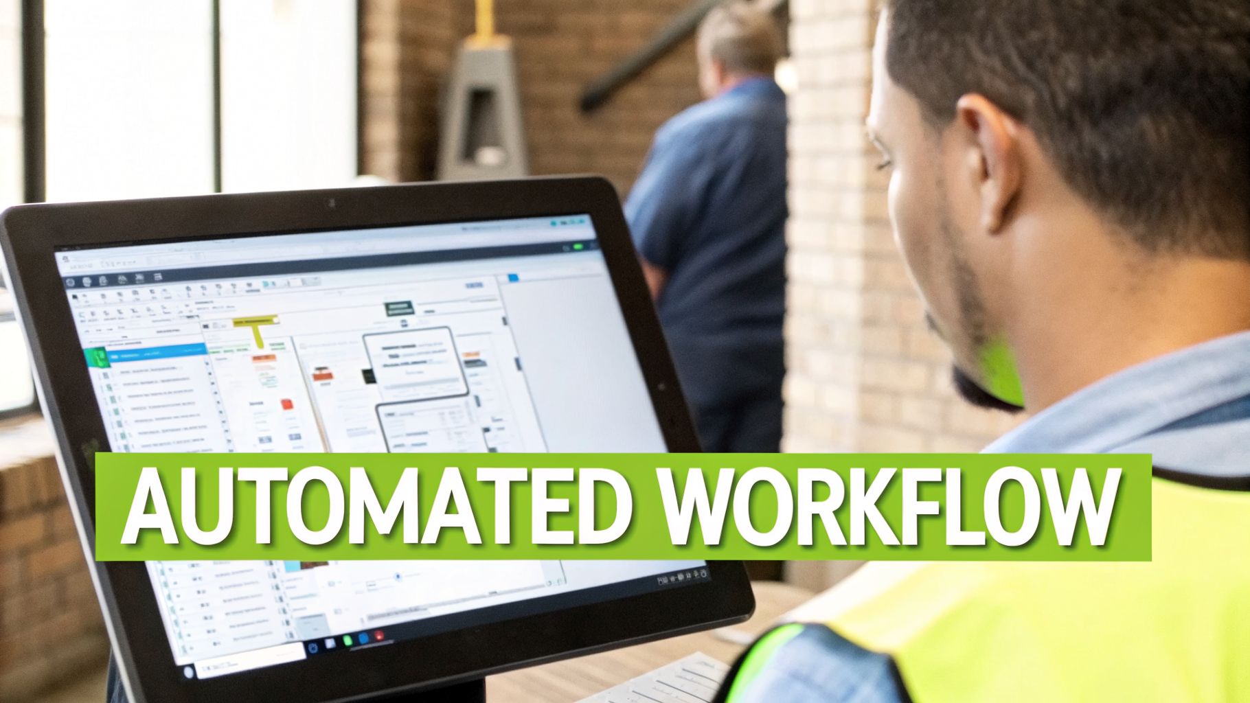 A worker reviews an automated digital workflow on a tablet, optimizing project management.