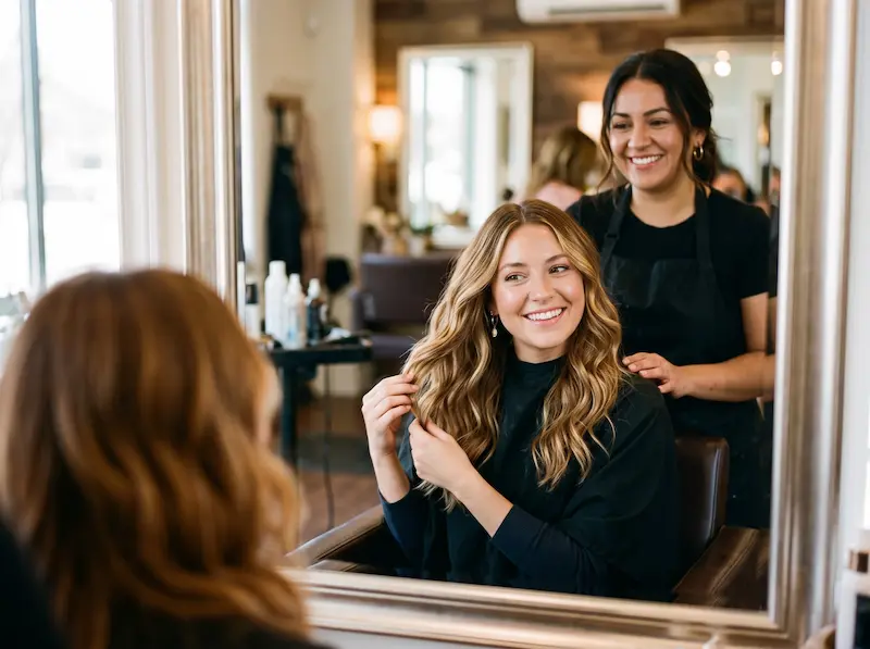 A delighted salon client admiring her new hair color with her stylist beside her.