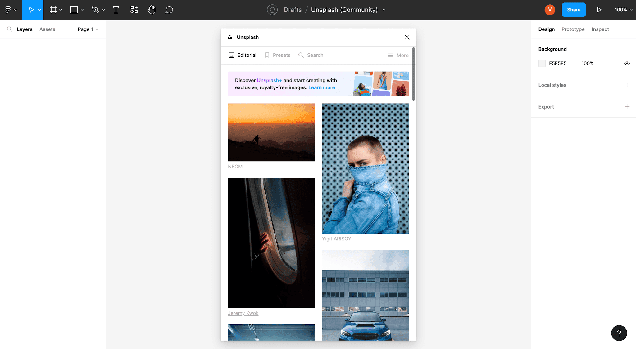 Unsplash Figma plugin open on the figma canvas