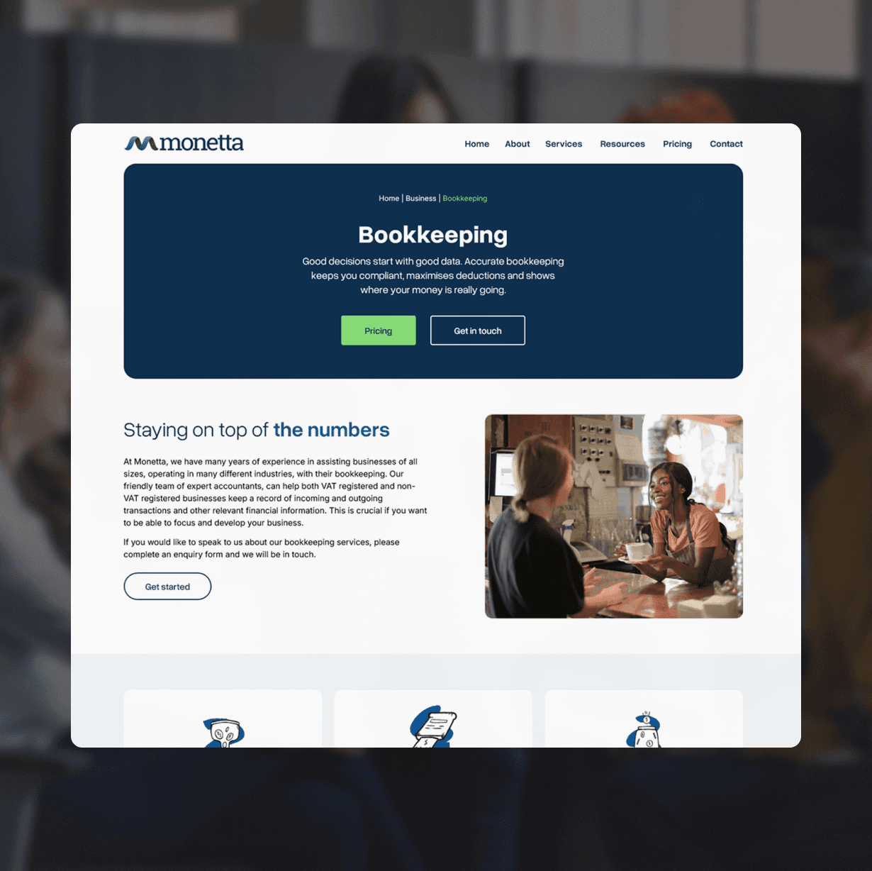 Monetta bookkeeping website showcasing services, including accurate deductions and financial insights.