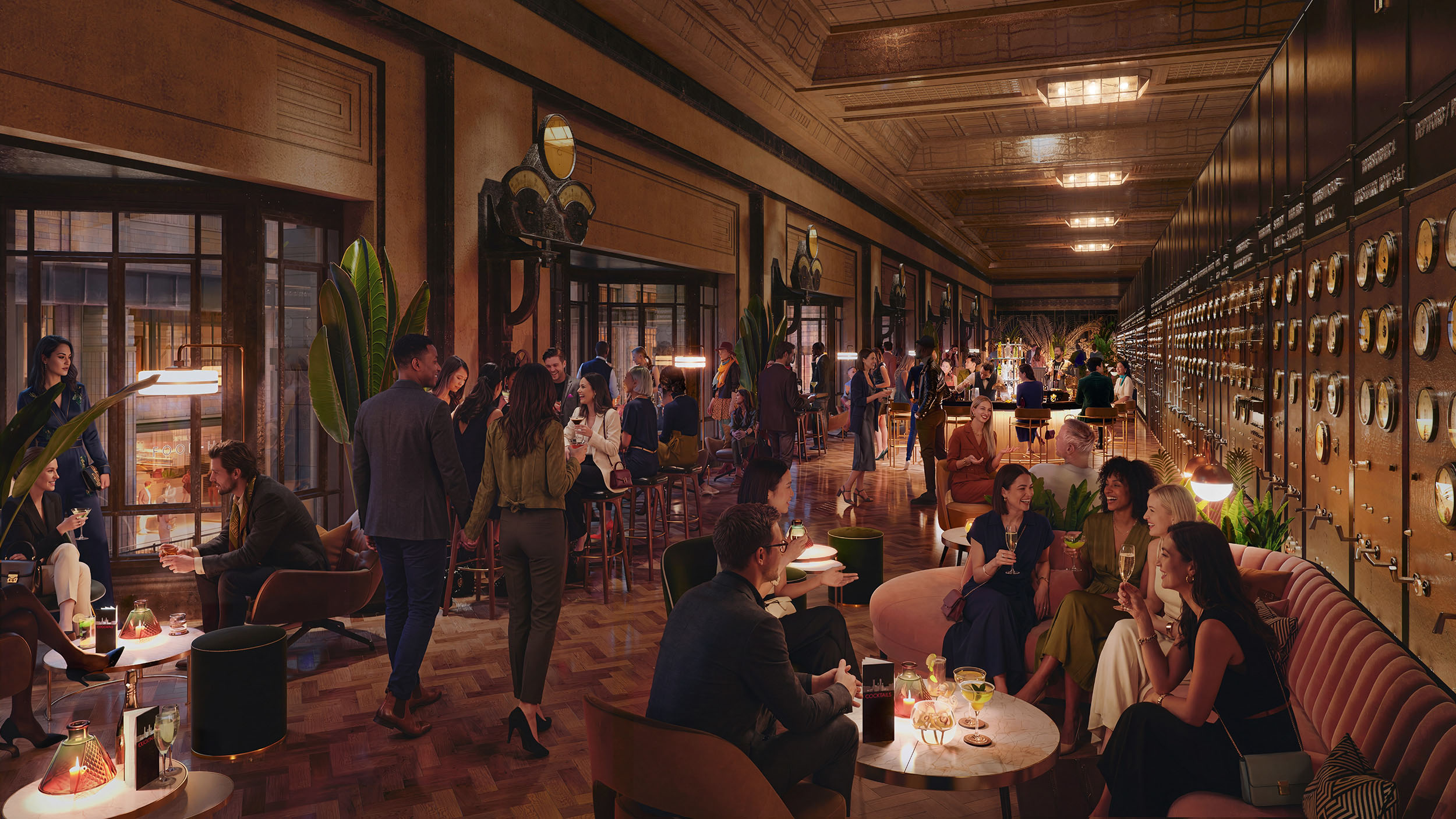 Architectural CGI render of a lively bar interior.