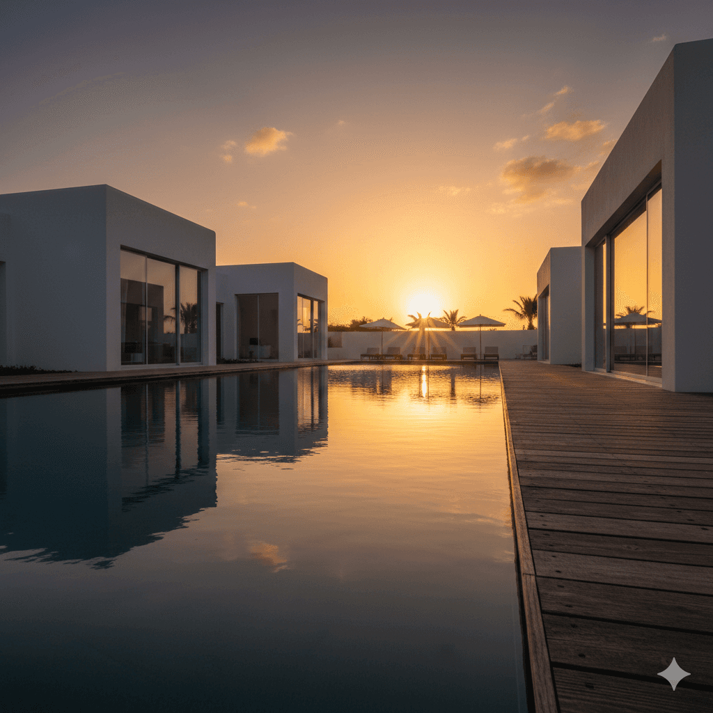 Modern white villa by a pool at sunset. Sun reflects on water, creating a warm glow. Minimalist design, tranquil ambiance, and serene vibe.