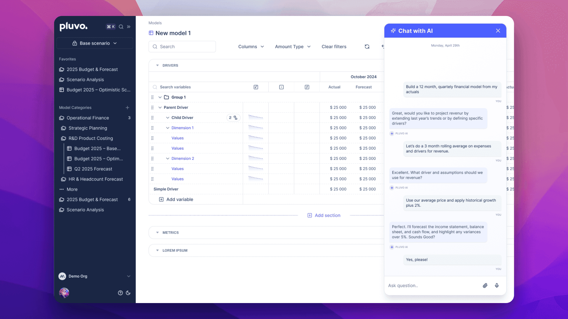 Pluvo FP&A financial planning interface with a model for revenue drivers, including a chat with AI for forecasting expenses and drivers, displaying actual and forecast data.