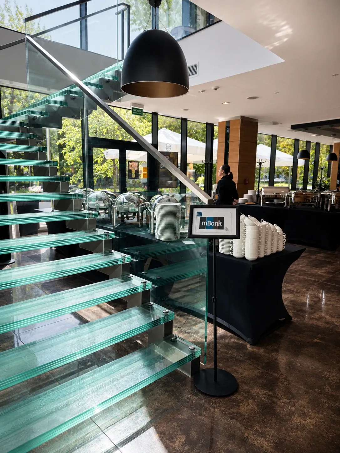 mBank conference, reception area with glass stairs and catering
