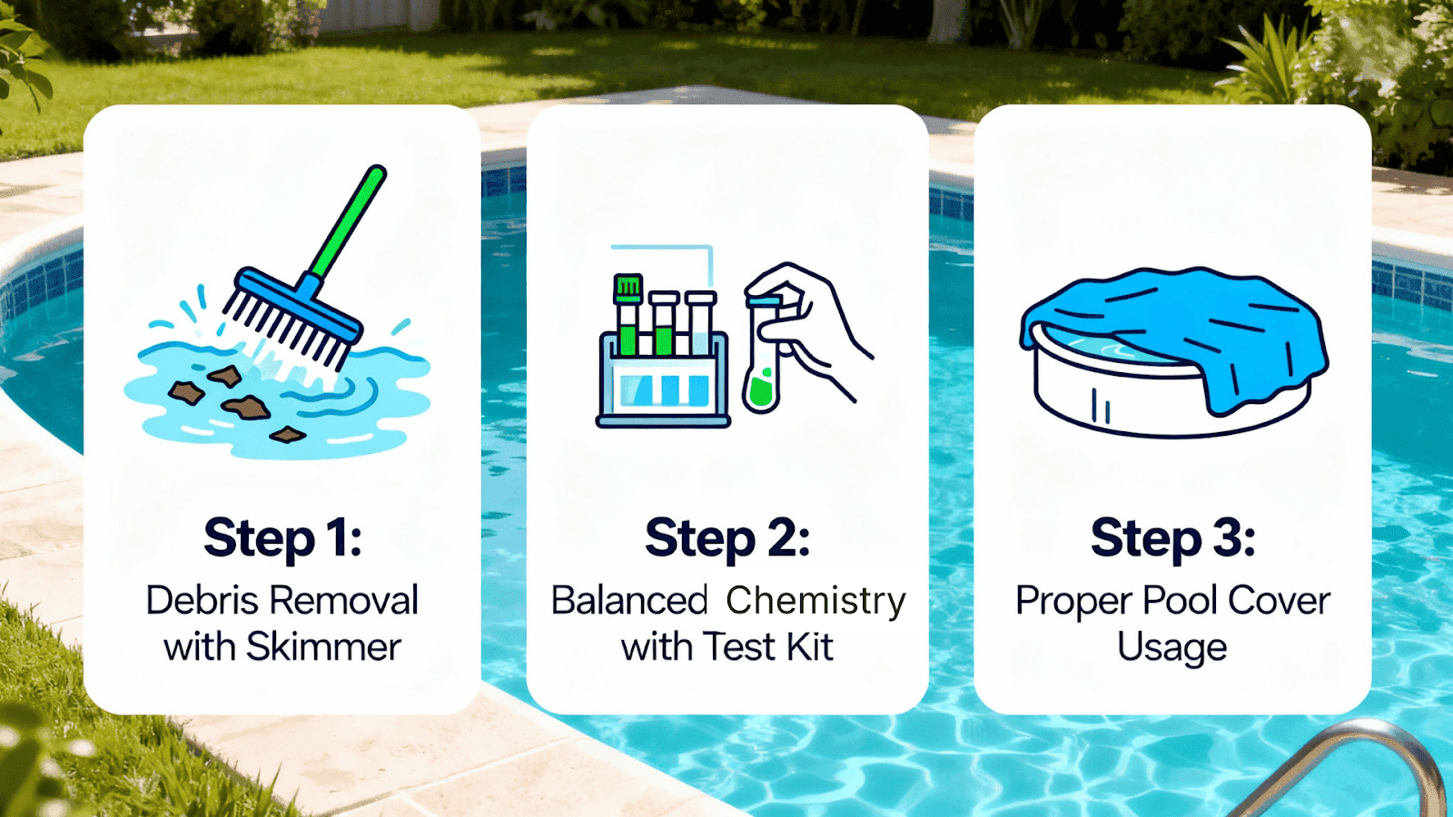 Vinyl liner stain prevention steps showing debris removal, balanced water chemistry, and proper pool cover usage