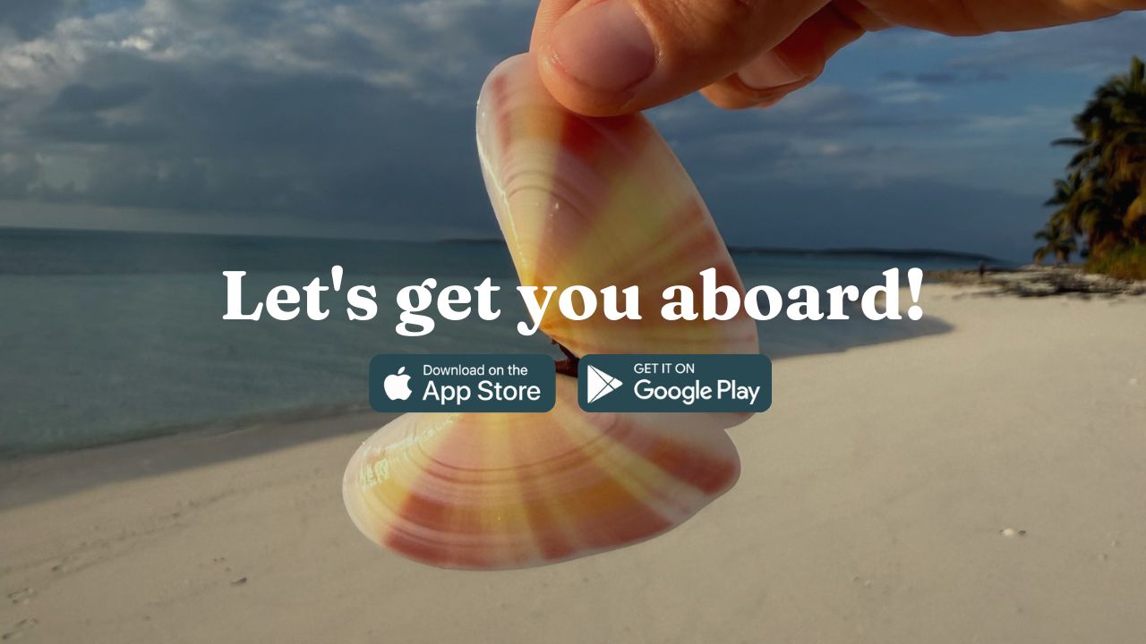 Bahamas background promoting the SeaPeople sailing app with download buttons and “Let’s get you aboard” text