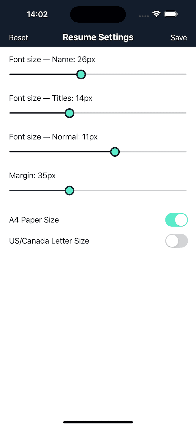 CV Settings screen of the CV Engineer iOS app
