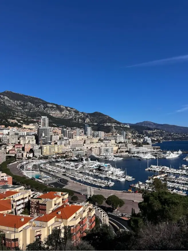 Scenic view of a coastal city with terracotta-roofed buildings and a bustling marina full of yachts, set against a backdrop of mountains and a clear blue sky.