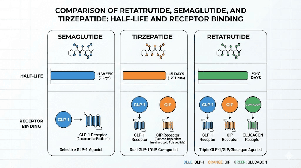 Retatrutide vs semaglutide vs tirzepatide half-life and receptor comparison