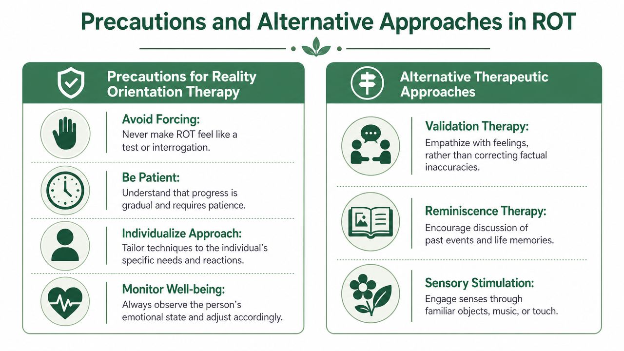 An educational infographic outlining precautions and alternative therapeutic approaches to reality orientation therapy for dementia care.