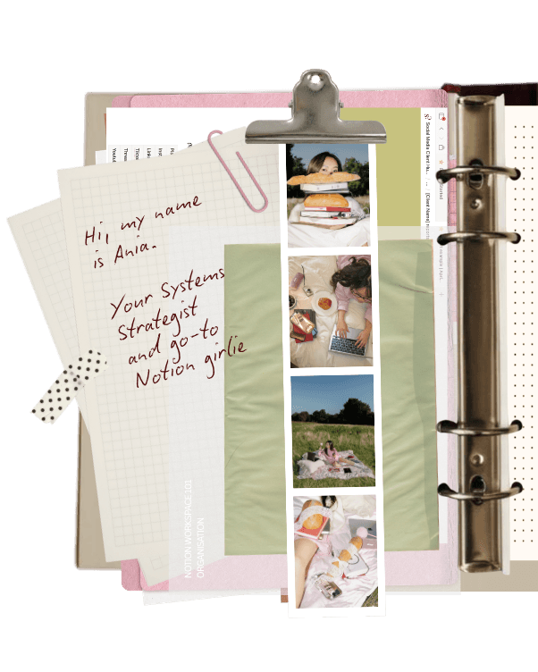 Handwritten planner and binder collage introducing Ania as a Notion systems strategist, with photos and stationery.