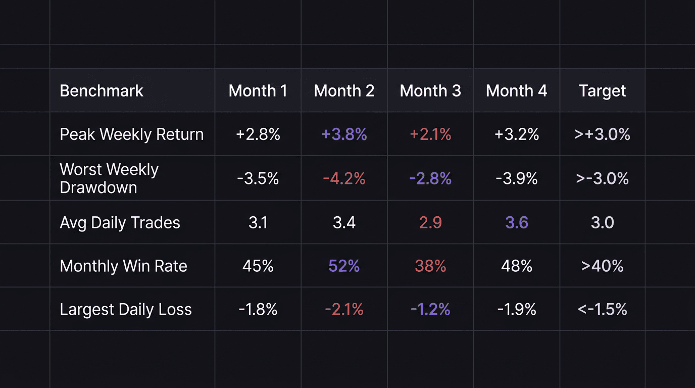 Spreadsheet table showing five personal trading benchmarks with example values over four months
