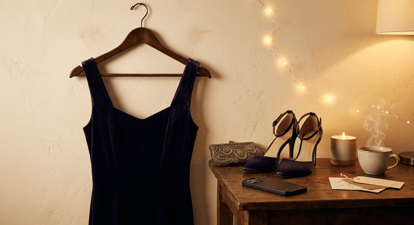Velvet party dress on a hanger with satin heels, a beaded clutch and a phone under warm fairy lights