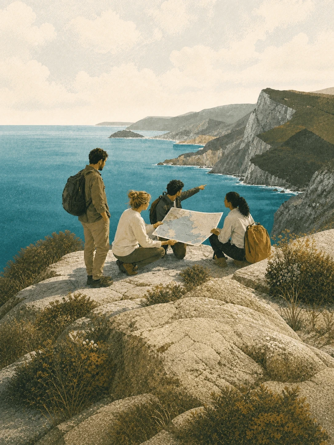 Illustration d’un groupe observant la côte depuis des rochers.