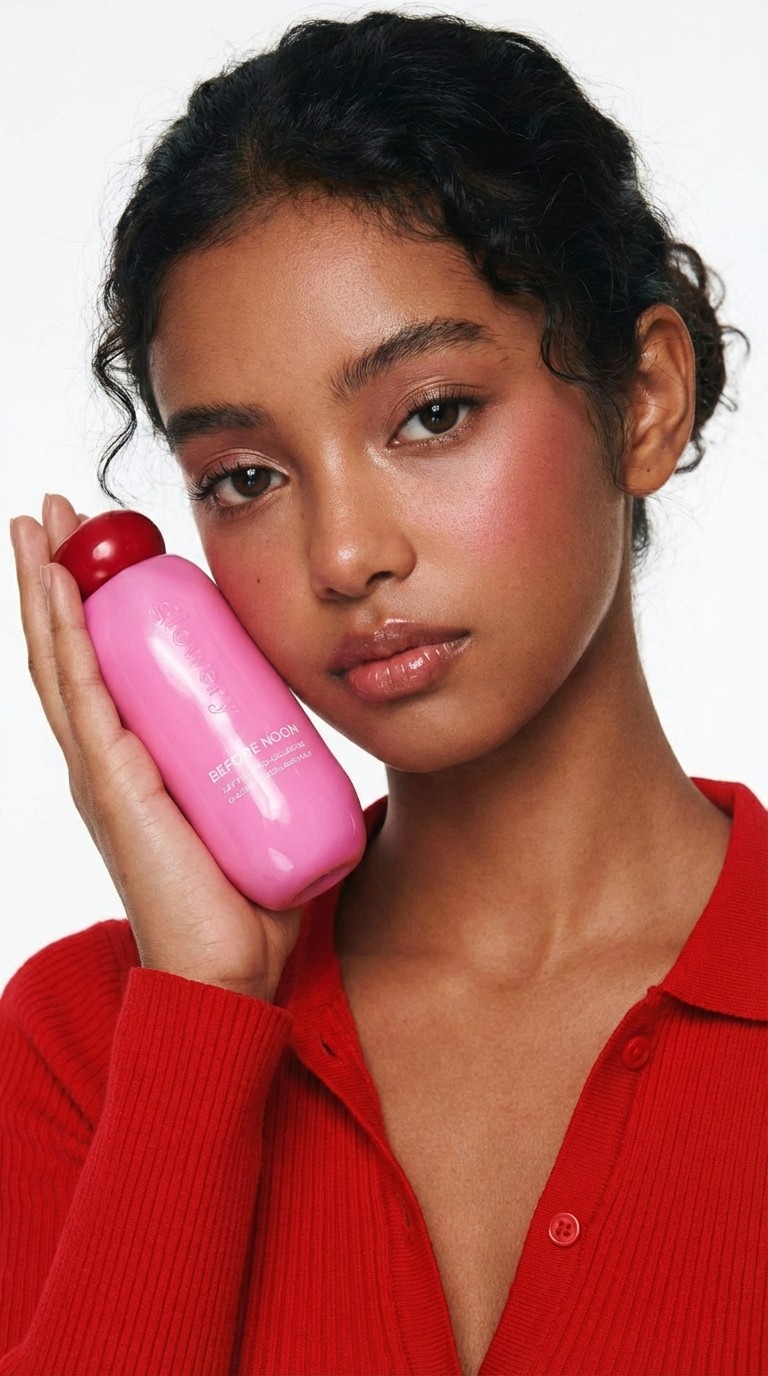 Silhouette of hands delicately holding a frosted glass cosmetic bottle against a soft, neutral background.