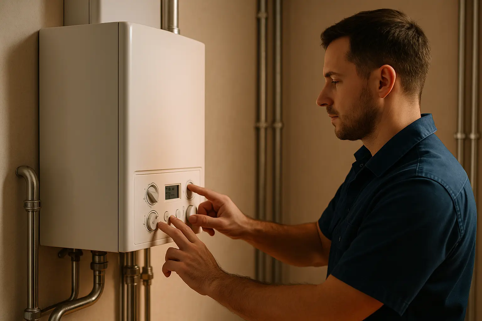 Man adjusting settings on a modern boiler, emphasizing boiler installation and maintenance services for energy-efficient heating solutions.