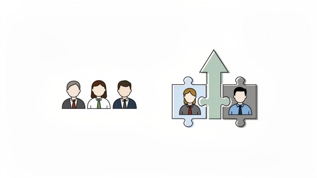 Illustration of diverse business people, some fitting together as puzzle pieces with an upward growth arrow.