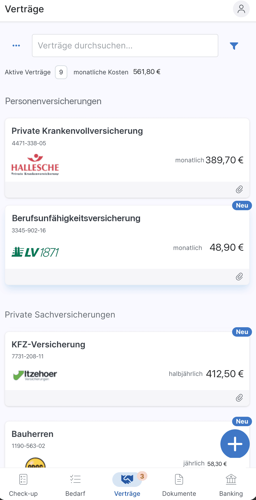 Die FYNGO-App auf dem Handy: Krankenvollversicherung, Berufsunfähigkeit und Sachversicherungen (Beispielwerte)