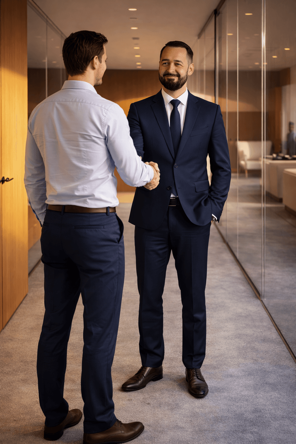 Two businessmen shaking hands in a modern, sunlit office setting.